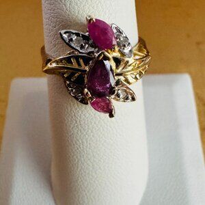 10K Yellow Gold Vintage Inspired Ruby Diamond Flower Leaf Ring Unique size 6.5